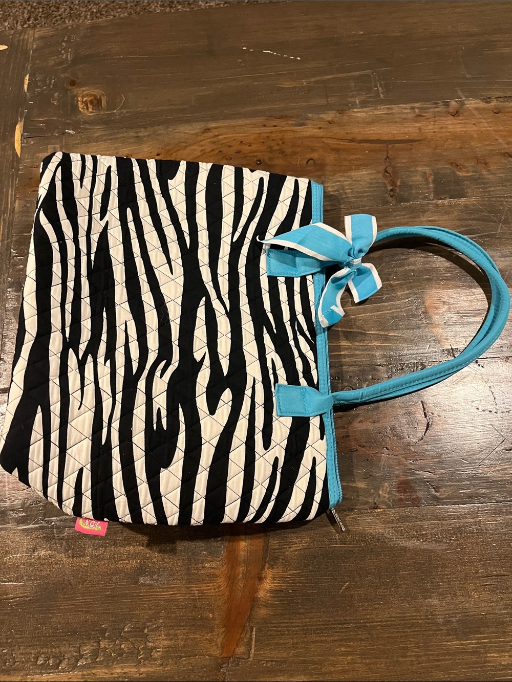 Zebra-Print Quilted Tote with Turquoise Trim